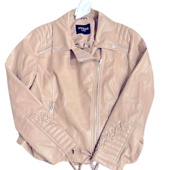 GUESS Women's Faux-Leather Asymmetric Moto Coat leather jacket  size XXL latte - Picture 6 of 11